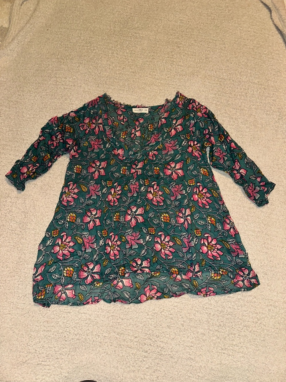 NATURAL LIFE Teal Green Tunic with Pink Floral Print